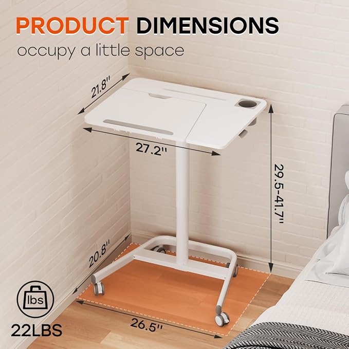 JOY worker Mobile Standing Desk, 60° Tiltable Rolling Laptop Desk, White | Pneumatic Height Adjustable Cart, Portable Sit Stand Desk with Wheels & Cup Holder for Office Home School, Holds Up to 22lbs - Image 2