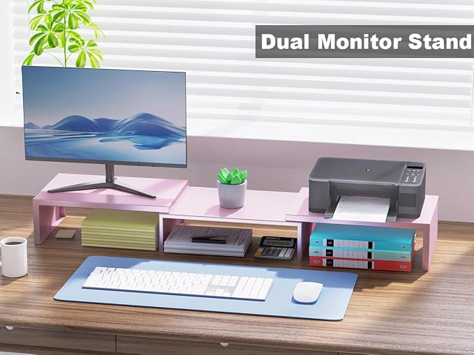 Dual Monitor Stand Riser | Monitor Stand for Desk, Metal Computer Stand, Desk Shelf Riser,Desktop Organizer for Home and Office Use (Pink) - Image 6