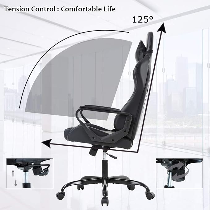 BestOffice Gaming Chair | Black | Desk Chair with Adjustable Lumbar Support | Headrest Pillow | Ergonomic Racing Style Seat with Recline, Swivel Base & Rolling Wheels | For Gamers, Home, Office - Image 5