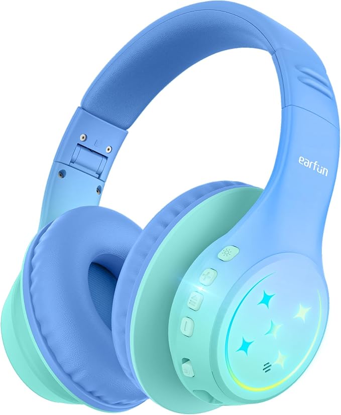 EarFun K4 Kids Bluetooth Headphones, Wireless Headphones with Lights Green | 74/85/94dBA Volume Limited, Built-in Mic, 90H Playtime, Bluetooth 5.4 Over Ear Headphone for iPad/Tablet/PC/School, Green by EarFun