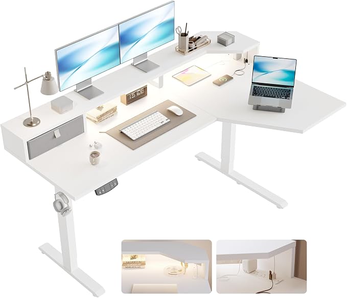 Agilestic 63*35 Inch L Shaped Standing Desk with Shelf & Led& Outlet, White | Outlets&Led, Monitor Shelf, L-shape Workspace, Sturdy Steel Frame, Memory Preset, Hooks, 154 lbs, Easy Assembly, Splice Board by Agilestic