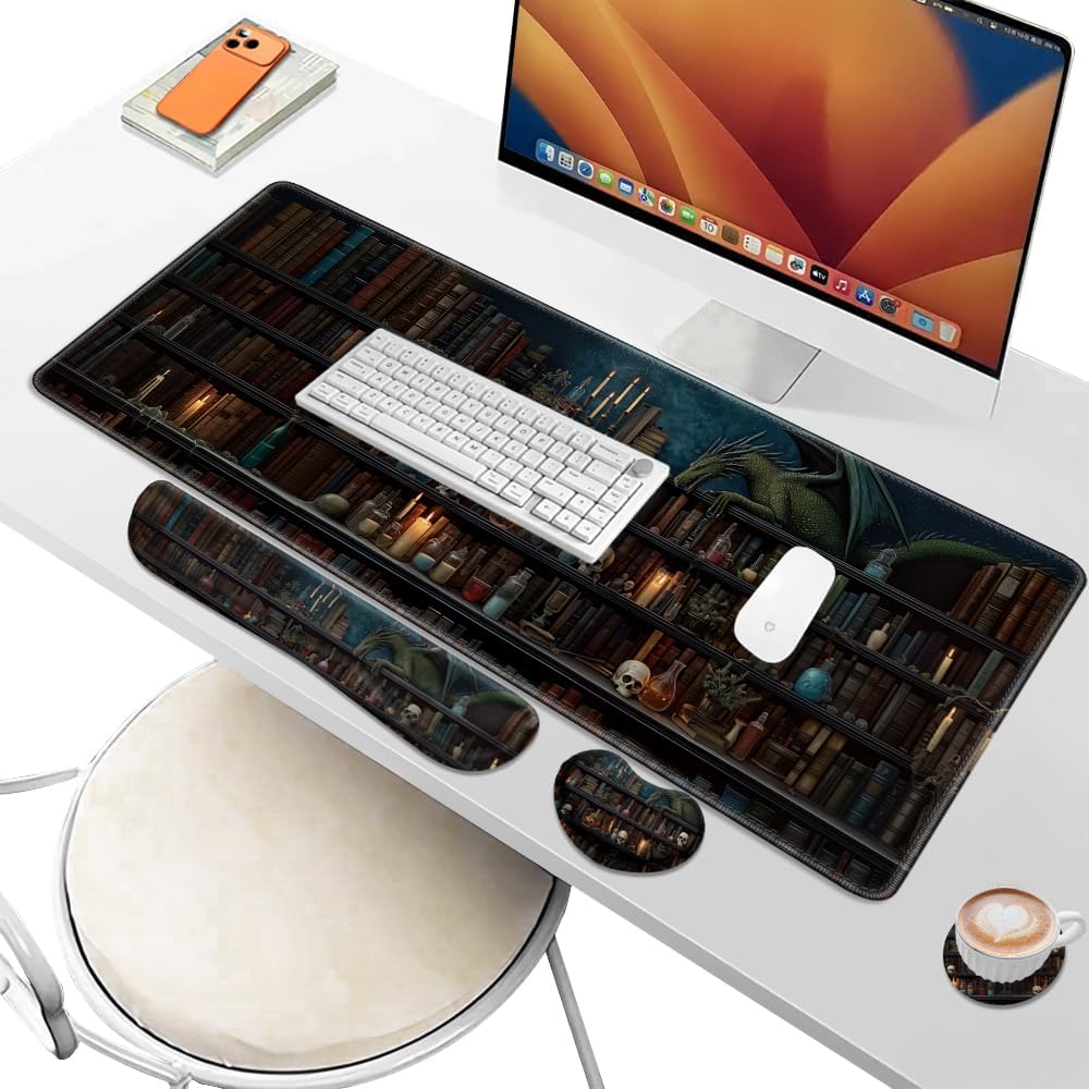 Desk Pad and Keyboard Wrist Rest, Large Mouse Pad + Keyboard Pad+Mouse Wrist Support, Non-Slip Desk Mat Protector for Office, Home 31.5×11.8 Inches Gothic Skeleton - Image 6