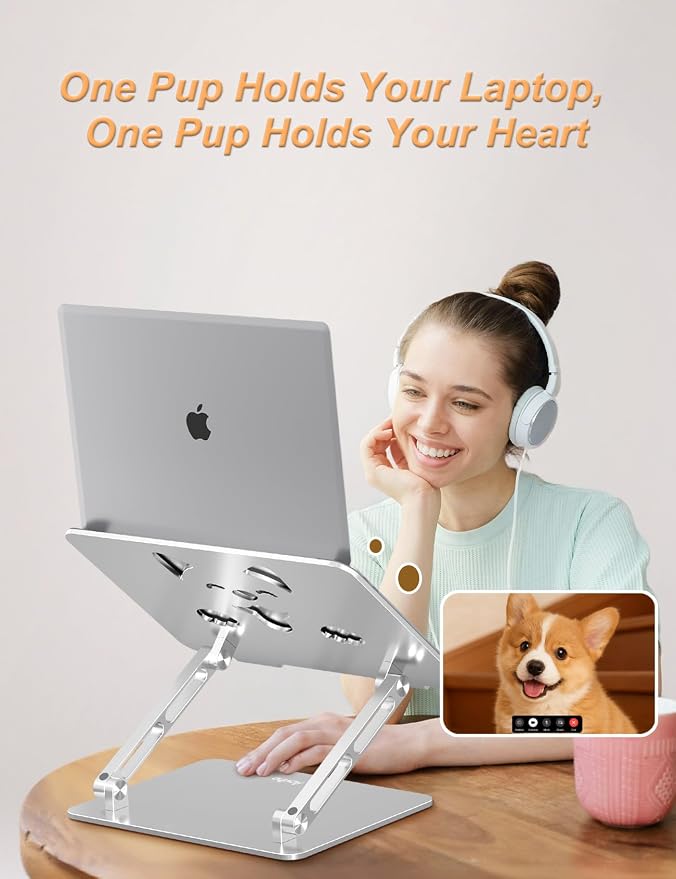 Aoviho Aluminum Laptop Stand for Desk Fit for All 10"-17.3" Laptops, Silver | Height-adjustable Notebook Holder, Ergonomic Computer Riser with Unique Puppy Cooling Vent, for Mac, Dell, Lenovo, HP - Image 7
