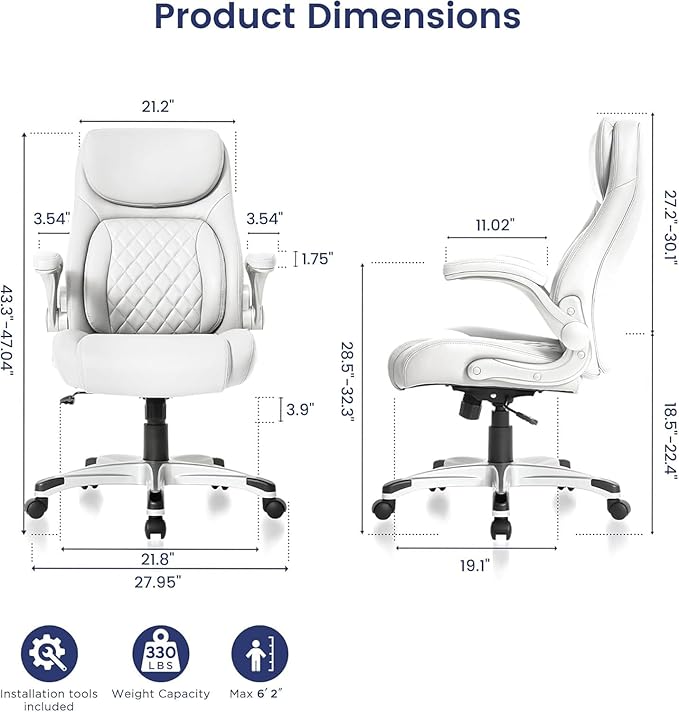Nouhaus Ergonomic Office Chair Premium Leather Adjustable Lumbar Support & Armrests, High Back Comfy Desk Gaming Chairs Executive Computer Swivel Chair Tilt Function(Posture,White) - Image 2