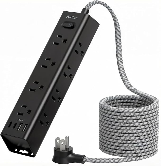 20FT Long Extension Cord, Power Strip with 12 AC Outlets & 4 USB Ports | Flat Plug Wall Mount, 1050J Surge Protector, Outlet Extender for Home Office Garage Workshop Gaming Desk Setup, ETL Listed by Addtam