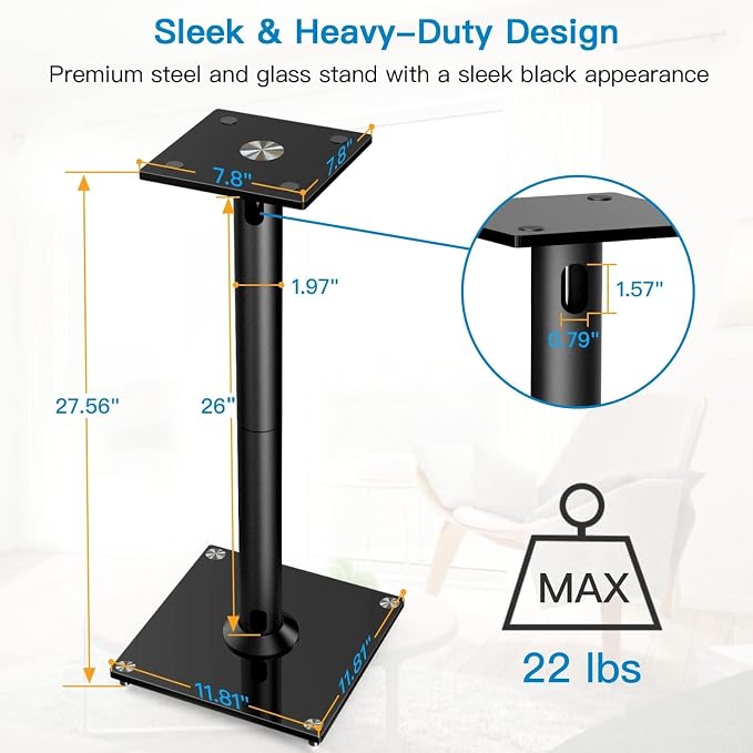 PERLESMITH Universal Floor Speaker Stands for Surround Sound up to 22 lbs | Bookshelf Speaker Stand 27.56‘’, 45° adjustable top plate, tool-free assembly, cable management, rubber isolation pads - Image 6