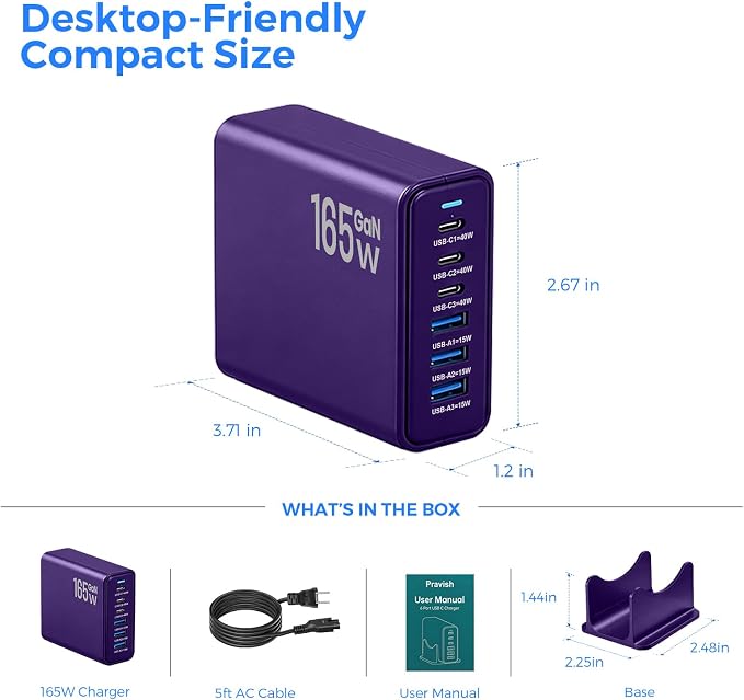 165W GaN Charging Station, 6-Port USB C & USB A Charger, Purple | 165W GaN, 6-Port USB Charging Station, 3x40W USB-C + 3x15W USB-A, ABS+PC, Charge 6 Devices, Home Office Travel - Image 7