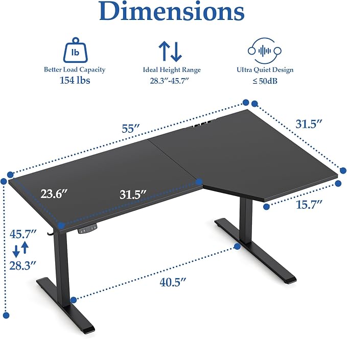 Klicelor L Shaped Standing Desk 55 x 31.5 Inch, Electric Height Adjustable Corner Desk for Home Office Workstation, Ergonomic Sit Stand Computer Table with Memory Controller, Black - Image 3