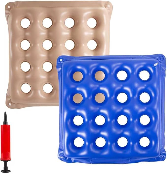 2-Pack Waffle Inflatable Seat Cushions with Pump, 18 Inch Beige 16-Hole Air Cushion for Pressure Relief, Wheelchair, Office Chair, Car Seat & Travel (Blue&Beige) by Unknown