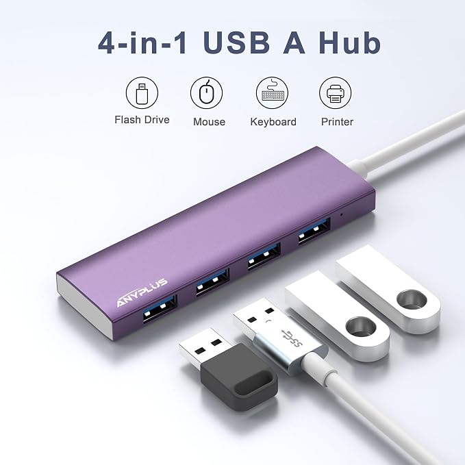 USB Hub, USB 3.0 Hub Aluminum Alloy Ultra Slim USB Splitter, Portable 4 Port USB Extender, USB Hub for Laptop, PC, MacBook, iMac, Surface Pro, Mac Pro, Flash Drive, XPS 【Purple】 - Image 3