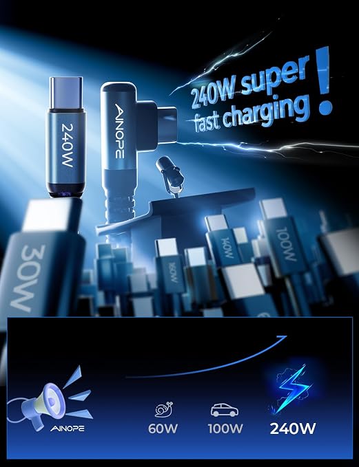 AINOPE 240W USB C to USB C Cable Fast Charging 15FT,Right Angle Fast Type C Charging Cable Fits iPhone 16 Pro Max Plus,iPhone 15,MacBook Air/Pro,iPad Pro,Samsung,Pixel,All Devices, Grey, 1 Pack - Image 3