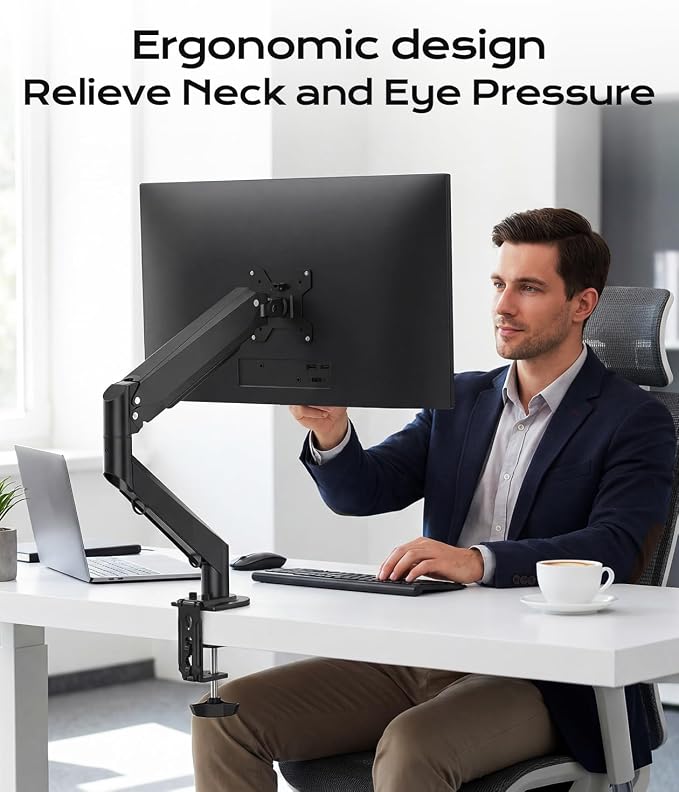 Pholiten Single Monitor Mount for up to 35" Screens | Fully Adjustable Gas Spring Arm, Holds up to 24lb, VESA 75/100mm, Black - Image 9