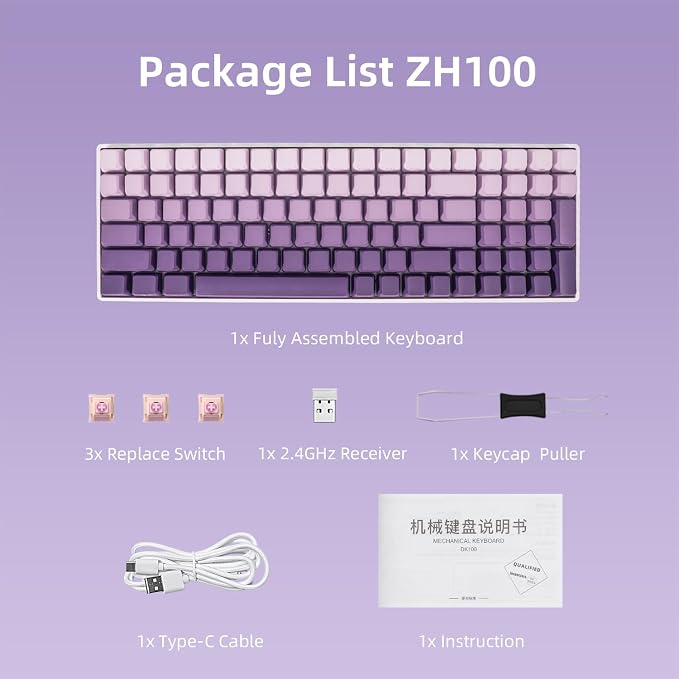 ZORNHER ZH100 Wireless Mechanical Keyboard,98% Purple Creamy Keyboard with Number Pad,Full Size Gaming Keyboard,Lighted Up PBT Dipped Keycaps,Creamy Sounding Linear Switches - Image 6