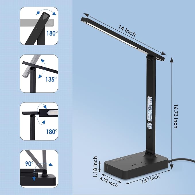 Infiway Desk Lamp with USB Charging Port: LED Stepless Dimmable Eye Caring Desk Light for Home Office - 1 Type-C, 1 USB-A Charging Port, 2 AC Power Outlets, Multiple Light Modes for Study and Bedroom - Image 8