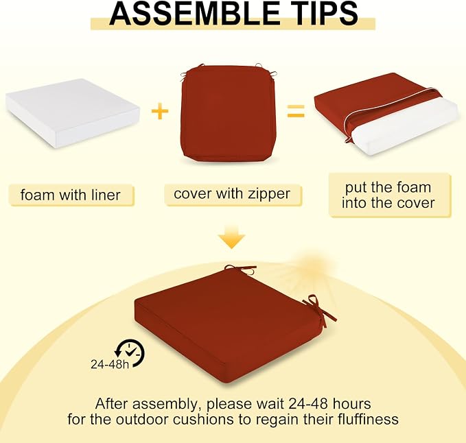 downluxe Waterproof Outdoor Chair Cushions for Patio Furniture, 19" x 19" x 2" Patio Chair Cushion with Adjustable Ties & Portable Handle, Square Outdoor Cushion with Removable Cover, Orange, 2 Pack - Image 7