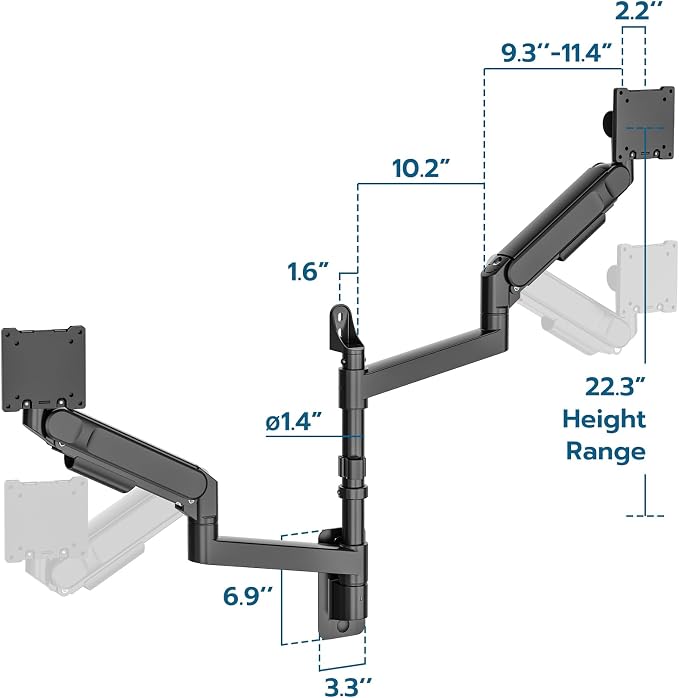 ARES WING Dual Monitor Wall Mount for 24-57 Inch Ultrawide Screen, Black | Premium Heavy Duty Gaming Monitor Arm for 60 lbs, Full Motion Gas Spring, Bearing Head for Easy Adjustment, 75/100 VESA Mount - Image 9
