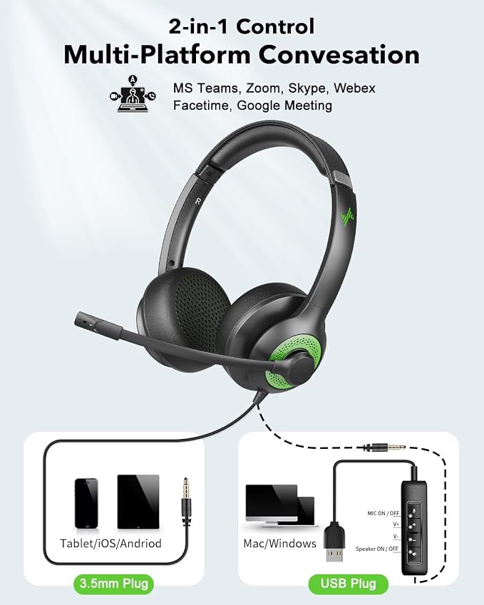 JIAMQISHI USB Headset with Mic for PC, On-Ear Computer Laptop Headphones with Noise Cancelling Microphone in-line Control for Home Office Online Class (USB+3.5mm, Green) - Image 5