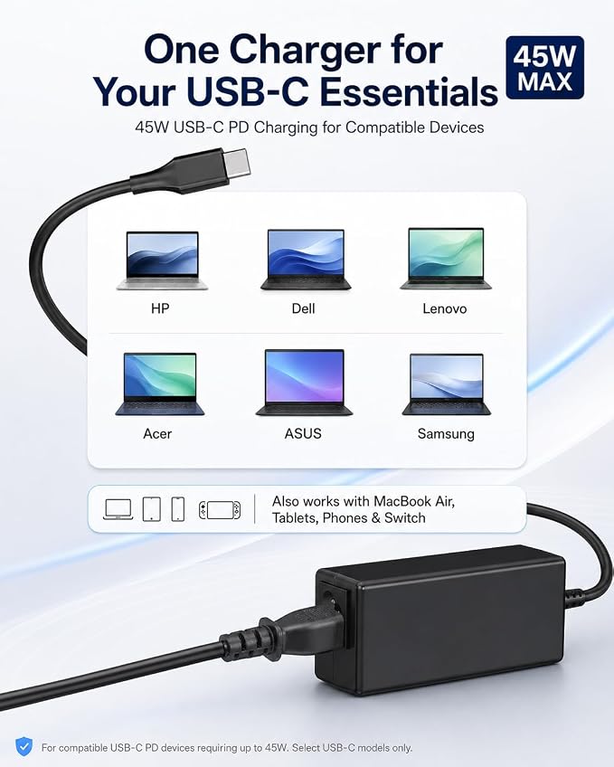 45W USB C Chromebook Charger, Type C Laptop Charger Replacement Compatible with Acer Chromebook 315/311, HP Dell Lenovo Samsung Google, PD Power Adapter with 8.8FT Cord - Image 5