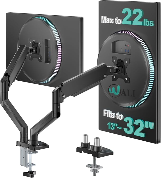 WALI Dual Monitor Stand for 13-32 inch Computer Screens, Dual Monitor Arms for 2 Monitors Holds up to 22 lbs, Height Adjustable Dual Monitors Mount, VESA 75x75/100x100mm (GSMP002N), Black by WALI