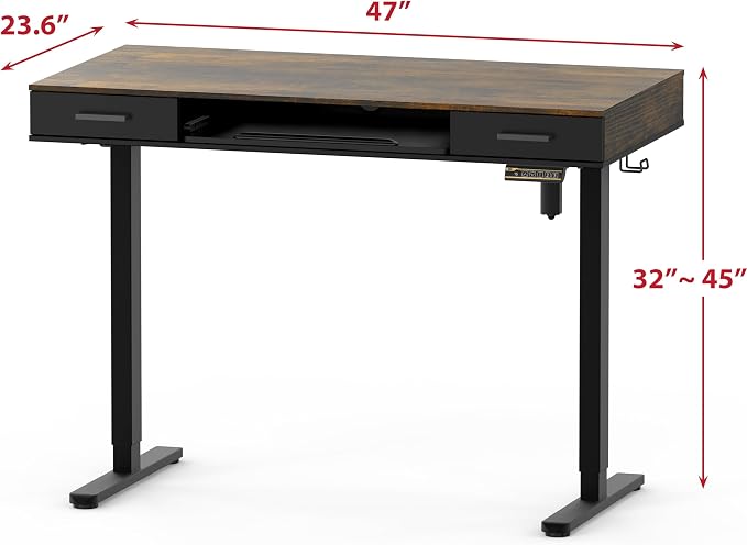 SHW 48-Inch Electric Height Adjustable Desk w/Keyboard Tray, Rustic Brown | w/ 2 Drawers | Memory Presets and Cable Management | Hanging Hooks - Image 4