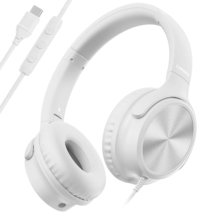 Cowyawn USB C Headphones Wired, Over Ear USB C Wired Headphones with Microphone, Volume Control, HD Stereo Sound, Foldable USB Type C Headphone for Adult/Teens/Laptop/Computer/iPhone 15/16/17, White by CowyawnHeadphones