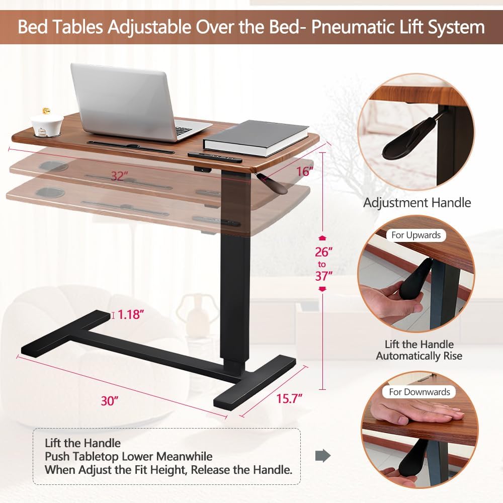 Overbed Table with Wheels & USB,Pneumatic Height Adjustable Bedside Table - Image 3