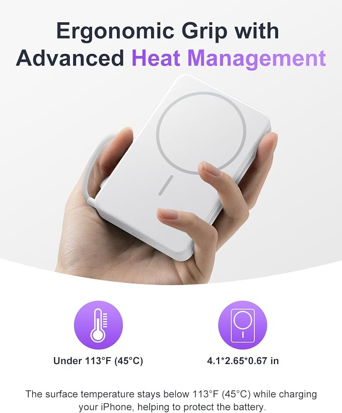 Magnetic Power Bank, 10,000mAh Wireless Portable Charger for Mag-Safe 15W Fast Charging, Battery Pack with USB-C Cable 20W in/Out for iPhone Air/17/16/15/14/13/12/Plus/Pro/Pro Max, AirPods & More - Image 5
