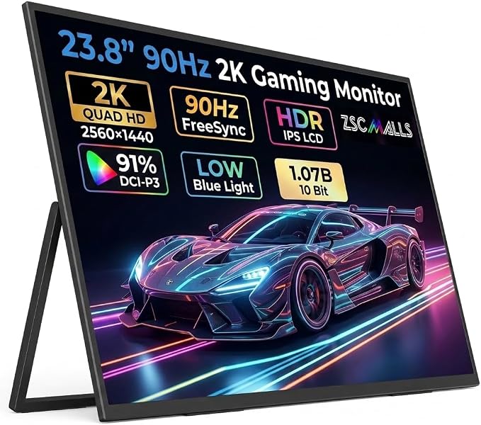 ZSCMALLS 23.8-inch 2K QHD 90HZ 100% sRGB Portable Monitor USB-C HDMI Travel Monitor, Suitable for laptops MacBook PS5 Xbox, VESA installable, with Speakers, Built-in Stand by ZSCMALLS