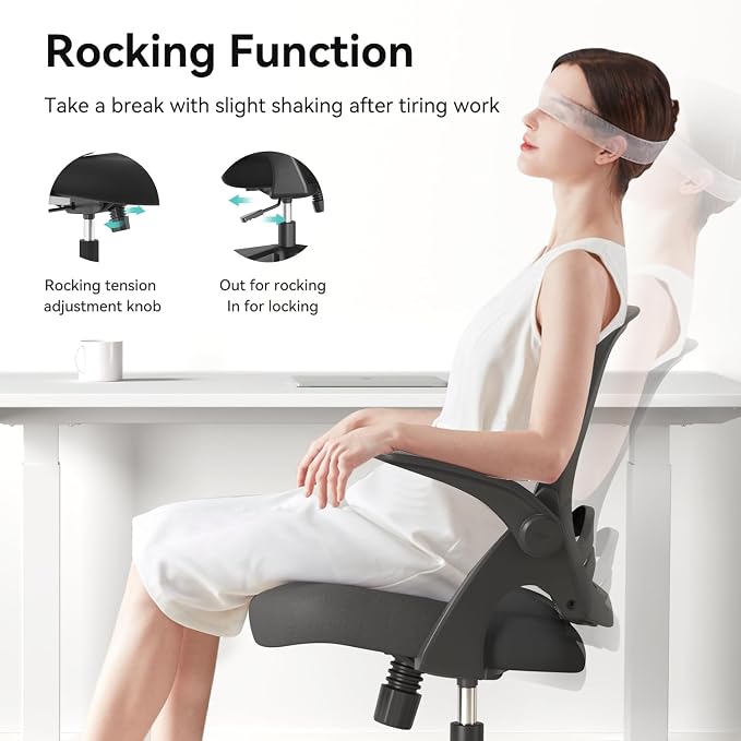 Hbada Office Desk Chair with Flip-Up Armrests and Saddle Cushion, Ergonomic Office Chair with S-Shaped Backrest, Swivel, Mesh, Black - Image 7