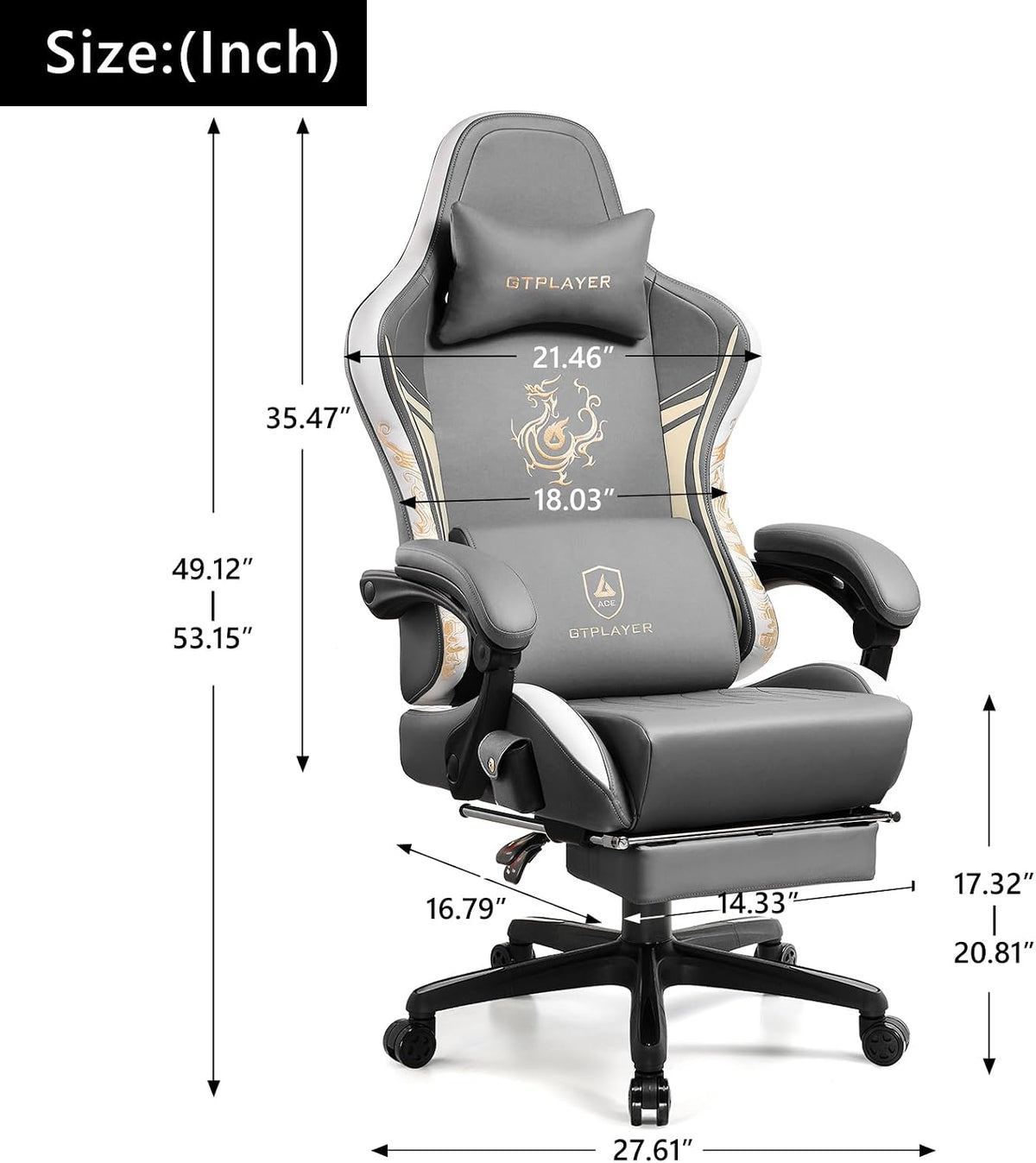 GTPLAYER Gaming Chair with Bluetooth Speakers and Footrest, Dragon Series Video Game Chairs, Heavy Duty Ergonomic Chairs, Esports Gaming Computer Office Chair (Gray) - Image 3