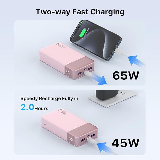 NOBIS Portable Charger 20000mAh 65W Power Bank Fast Charging | 2C+2A Battery Pank with Digital Display, Dual USB-C Fast Charging for Laptop, Phone, Tablet, On-the-Go External Battery Pack - Image 3