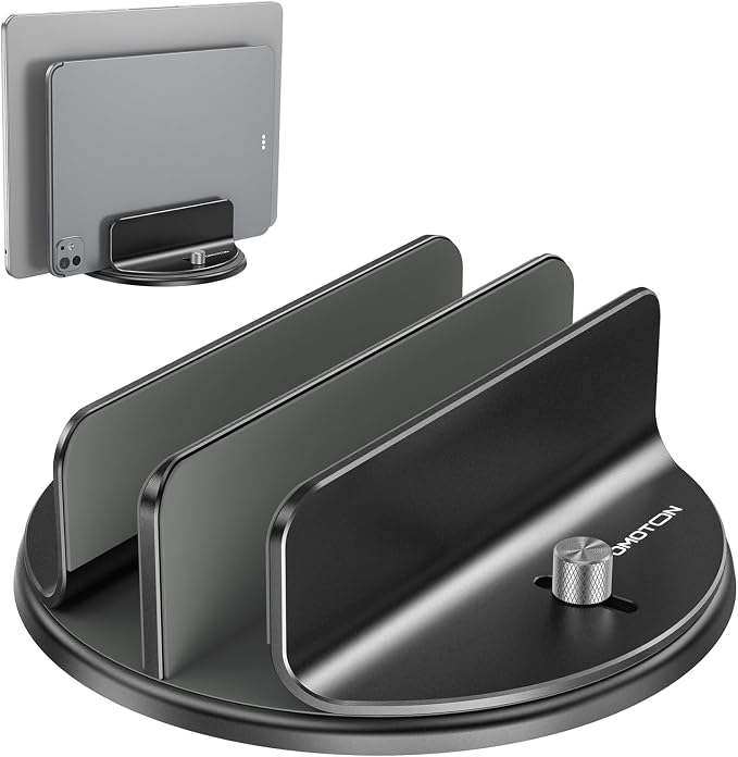 OMOTON 360° Vertical Laptop Stand Holder, Dual-Slot Aluminum Desk Organizer | Sides Knob Adjustment (No Lost Screws), Fits MacBook, iPad, Phones, and Tablets, Non-slip silicone, up to 17.3" - Image 9