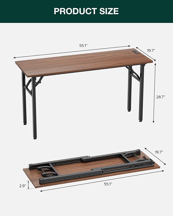 Small Folding Computer Desk – 55.1 Inch Portable Table for Craft and Study, Lightweight Desk for Small Spaces, Foldable Laptop Table Built-in AC/USB Outlets for Convenience, Dark Walnut - Image 2