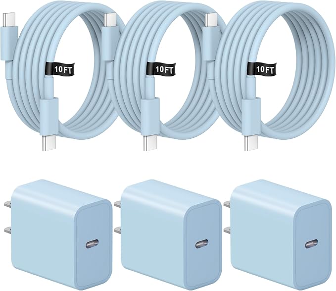 iPhone Charger Fast Charging 10FT iPhones 17 16 15 Charger | 3 Pack Type C Chargers USB C Charger for Phone Air 17/17 Plus/17 Pro/17 Pro Max/16/16 Plus/16 Pro/16 Pro Max/15 (Blue) by STAKCYE