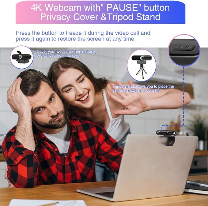 4K Webcam with Microphone, 8MP Laptop PC Desktop Computer Web Camera, USB Webcams for Video Calling Recording Streaming Video Conference, Webcam with Tripod，Privacy Shutter - Image 5