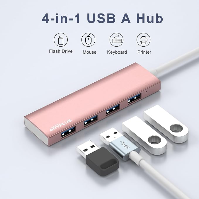 USB Hub, USB 3.0 Hub Aluminum Alloy Ultra Slim USB Splitter, Portable 4 Port USB Extender, USB Hub for Laptop, PC, MacBook, iMac, Surface Pro, Mac Pro, Flash Drive, XPS 【Pink】 - Image 3