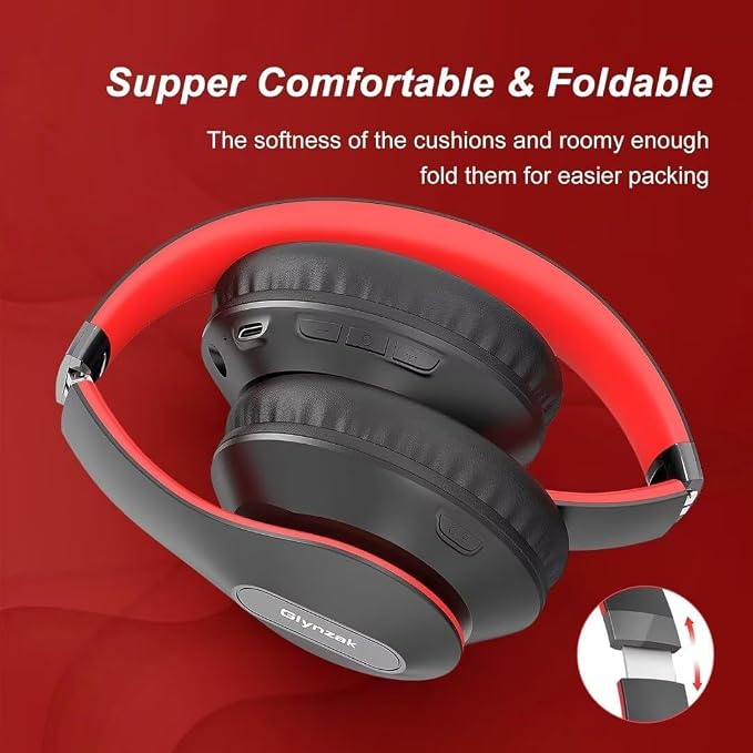Wireless Bluetooth Headphones Over Ear V6.0 HiFi Stereo with Mic | 65H Playtime 6EQ Modes Foldable Bluetooth Headset with Microphone for Travel Smartphone Computer Laptop Black Red - Image 5