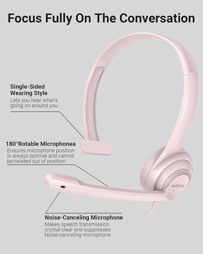 NUBWO HW02 USB Headset with Microphone Noise Cancelling & in-line Control | Ultra Comfort Computer Headphones for Laptop pc, On-Ear Wired Office Call Center Headset for Boom Skype Webinars (Pink) - Image 7