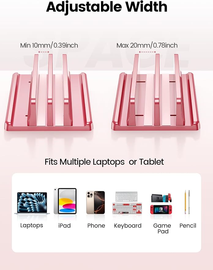Vaydeer Vertical Laptop Stand for Desk, Dual Slots Plastic Laptop Holder with Space Saving 4-in-1 Design, Adjustable Laptop Stand Supports MacBook, Chromebook, Surface, Dell (Pink Rose) - Image 5