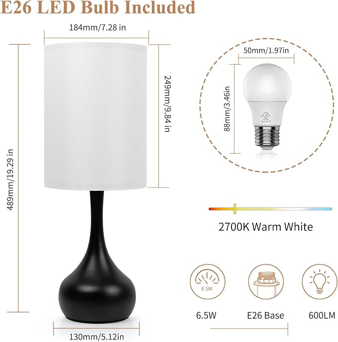ONEWISH Touch Bedside Lamp for Bedroom, 3-Way Dimmable Table Lamps for Nightstand, White Fabric Shade Desk Lamp for Kids Reading, Living Room, Home Office - Image 6