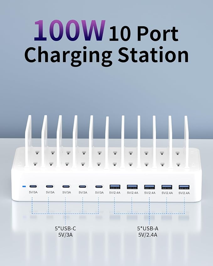 100W Charging Station for Multiple Devices, 10-Port USB Fast Charger, White | with Adjustable Dividers & 10 Cables- Multi Device Organizer Charging Dock for iPhone, iPad, Tablets & More - Image 2