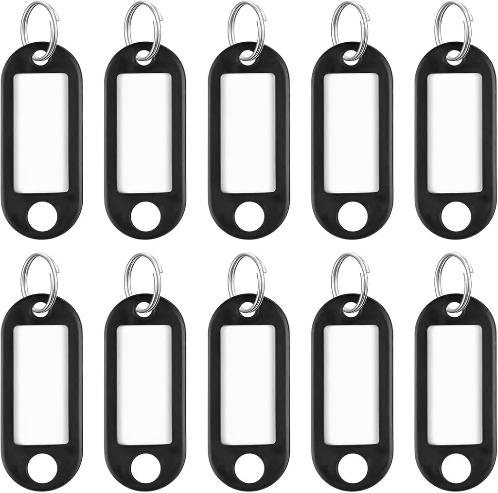 Uniclife 10 Pieces Key Tags 2 Inch Soft Plastic Key Chain Tags with Blank Paper Labels Clear Windows Protective Films and Split Rings Flexible Item Identifiers, Black by Uniclife