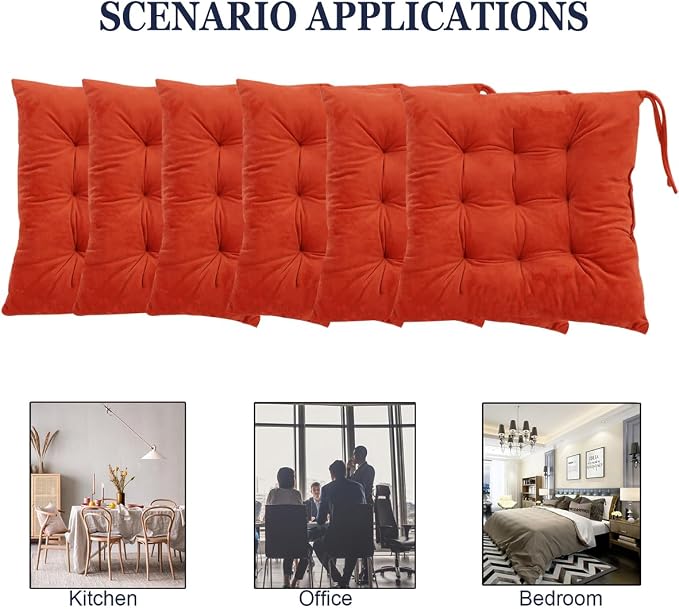 6 Pack Square Seat Cushion Chair Pads for Kitchen Dining Chairs, Soft Comfort Velvet Chair Mat Pillow Cushions with Ties for Office Desk Living Room Tatami 15.5", Orange - Image 5