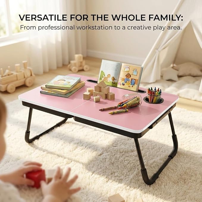 BUYIFY 23.4" Foldable Lap Desk Bed Table with Cup Holder Portable Tray | Folds Flat for Easy Storage, No Assembly Laptop Bed Desk, Sturdy and Lightweight, Patent Design,Pink - Image 4
