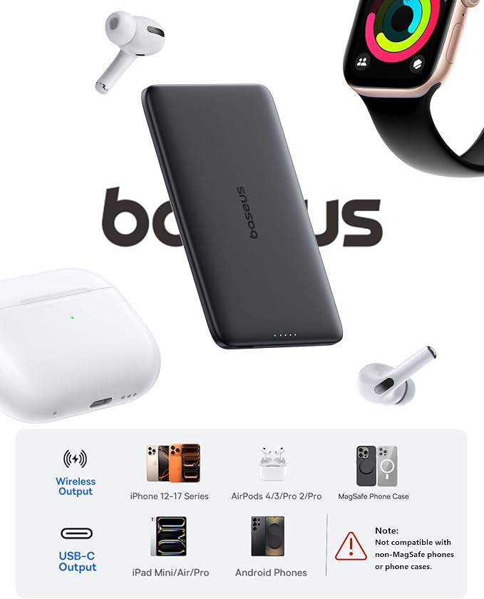 Baseus Picogo Power Bank, 0.3" Ultra Slim 5000mAh MagSafe Portable Charger, Card-Size Magnetic Battery Pack with USB-C Braided Cable, Alloy Wireless Charger for iPhone 17 Pro Max/17 Air/16/15/14/13/12 - Image 7