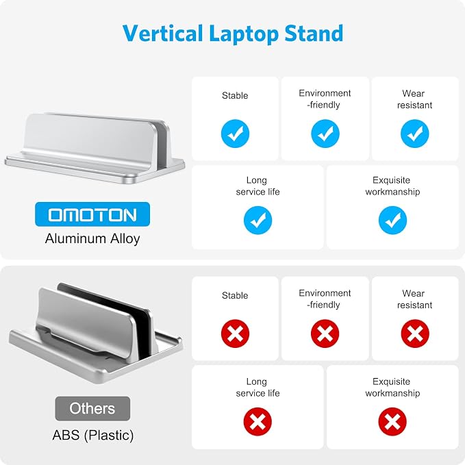 OMOTON Vertical Laptop Stand Holder, Adjustable Dock for MacBook, Silver | Aluminum Stand for MacBook Stand, Fits Chromebook & Gaming Laptops up to 17.3 in, Office Desk Organization, Space-Saving - Image 2