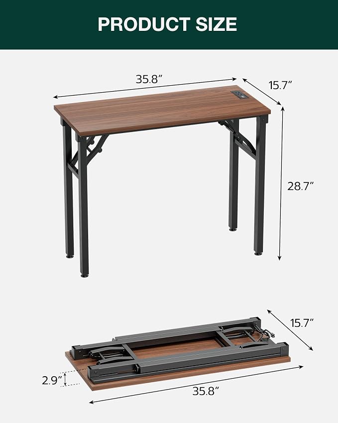 Small Folding Computer Desk – 35.8 Inch Portable Table for Craft and Study, Lightweight Desk for Small Spaces, Foldable Laptop Table Built-in AC/USB Outlets for Convenience, Dark Walnut - Image 2