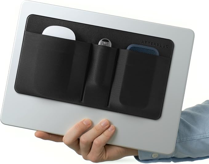 3-Pocket Mouse & Hard Drive Holder for Laptop, Stick-On Pouch | Reusable 3M Adhesive | Fits 2.5-Inch External HDDs, SSDs, Mice, USB Drives & More | Elastic Sleeve with Built-In Safety Strap by Afterplug