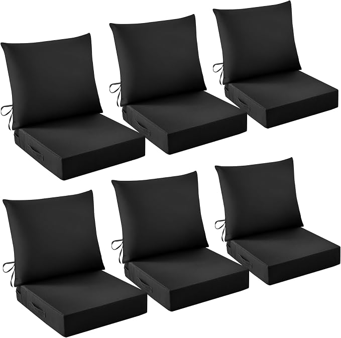 Outdoor Chair Cushions, 24 x 24 Inch Outdoor Cushion for Patio Furniture, Patio Chair Cushion, Waterproof & Fade Resistant Deep Patio Furniture Cushions Set with Handle and Ties, Black (Set of 6) by IASEAHK