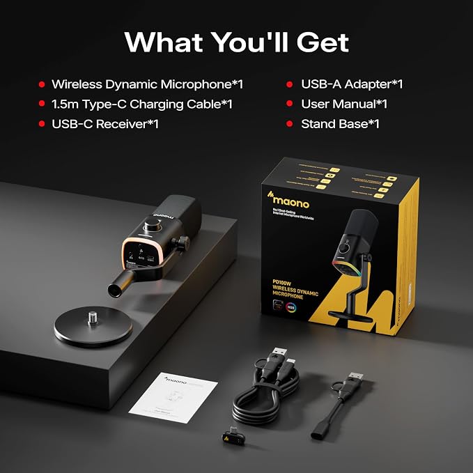 MAONO PD100W Wireless Dynamic Gaming Microphone for PC with USB-C Receiver | One-Click Noise Reduction,Custom RGB,Mute,Monitoring, Companion App,Wireless Desktop Mic for Creator, Stream, Podcast, Black - Image 8